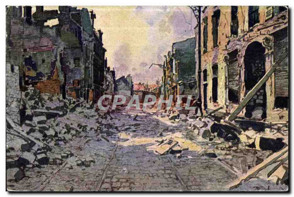 Vue de rue dévastée — après-guerre — éditeur non visible